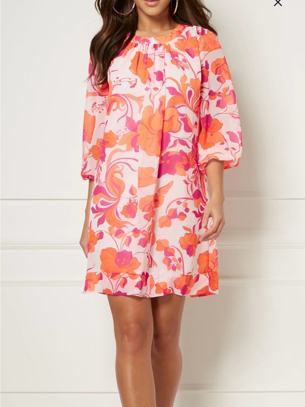 eva mendes for New York & Company Pink Floral Mini Dress with Orange Accents